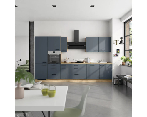 NOBILIA Küchenzeile mit Geräten Urban 360 cm Frontfarbe fjordblau matt Korpusfarbe eiche sierra Variante links