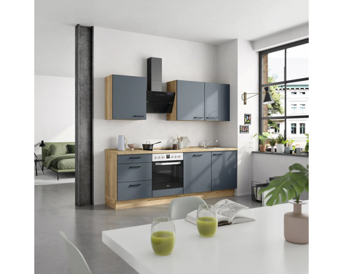 NOBILIA Küchenzeile mit Geräten Urban 240 cm Frontfarbe fjordblau matt Korpusfarbe eiche sierra Variante links