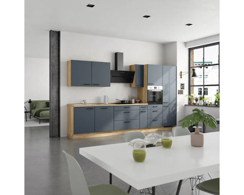 NOBILIA Küchenzeile Urban 360 cm Frontfarbe fjordblau matt Korpusfarbe eiche sierra Variante rechts