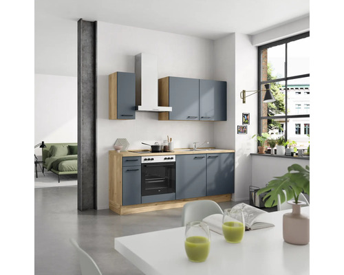 NOBILIA Küchenzeile mit Geräten Urban 210 cm fjordblau matt montiert Variante links