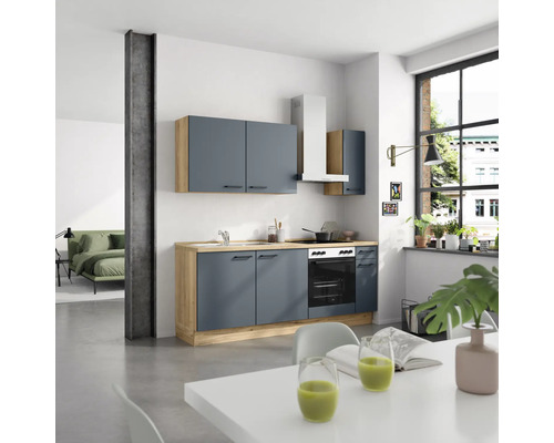 NOBILIA Küchenzeile mit Geräten Urban 210 cm Frontfarbe fjordblau matt Korpusfarbe eiche sierra Variante rechts
