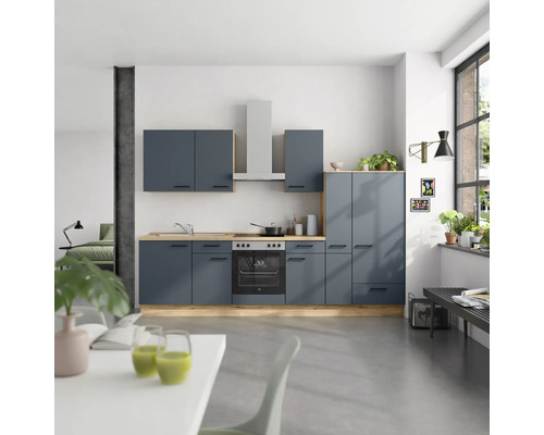 NOBILIA Küchenzeile mit Geräten Urban 300 cm fjordblau matt vormontiert Variante rechts
