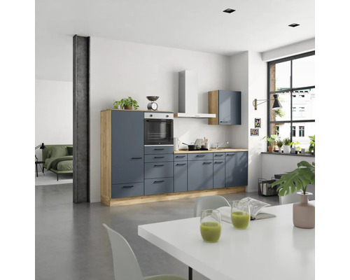 NOBILIA Küchenzeile mit Geräten Urban 300 cm Frontfarbe fjordblau matt Korpusfarbe eiche sierra Variante links