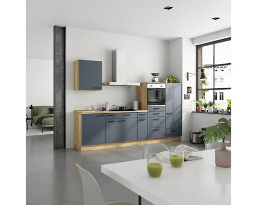 NOBILIA Küchenzeile Urban 300 cm fjordblau matt vormontiert Variante rechts