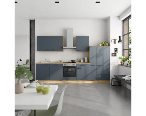 NOBILIA Küchenzeile mit Geräten Urban 330 cm Frontfarbe fjordblau matt Korpusfarbe eiche sierra Variante rechts