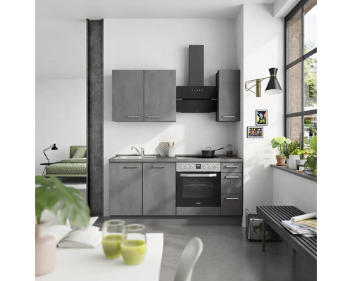 NOBILIA Küchenzeile Industrial 180 cm beton schiefergrau matt vormontiert Variante rechts