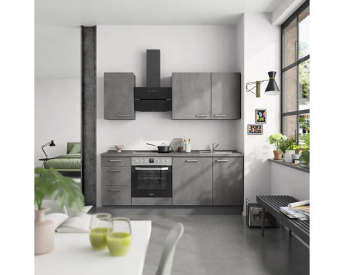 NOBILIA Küchenzeile mit Geräten Industrial 210 cm beton schiefergrau matt montiert Variante links
