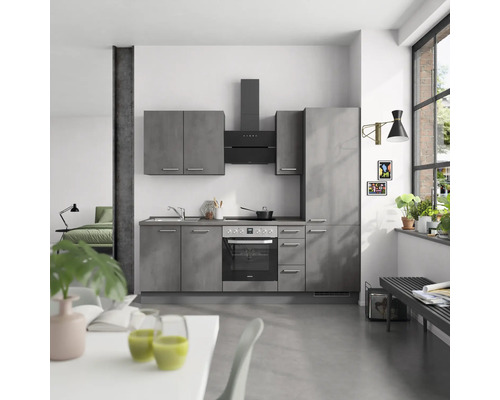 NOBILIA Küchenzeile mit Geräten Industrial 240 cm beton schiefergrau matt vormontiert Variante rechts