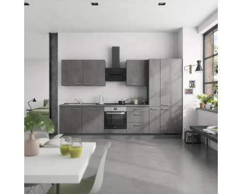 NOBILIA Küchenzeile mit Geräten Industrial 330 cm beton schiefergrau matt vormontiert Variante rechts