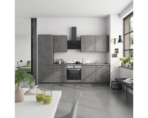 NOBILIA Küchenzeile Industrial 300 cm beton schiefergrau matt vormontiert Variante links