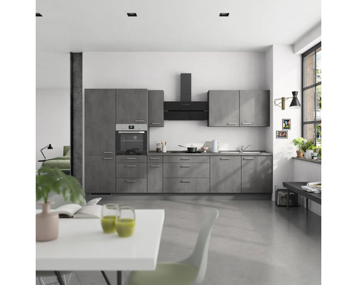NOBILIA Küchenzeile mit Geräten Industrial 360 cm beton schiefergrau matt vormontiert Variante links