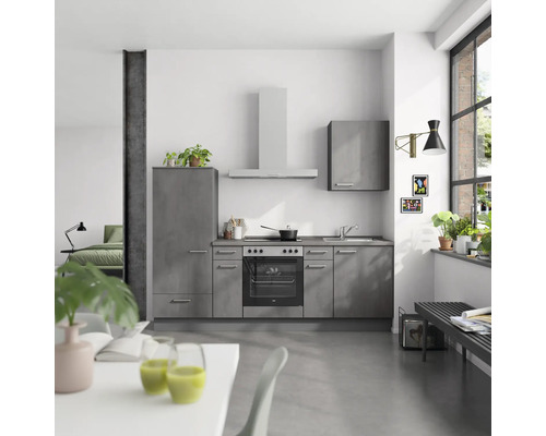 NOBILIA Küchenzeile mit Geräten Industrial 240 cm beton schiefergrau matt montiert Variante links