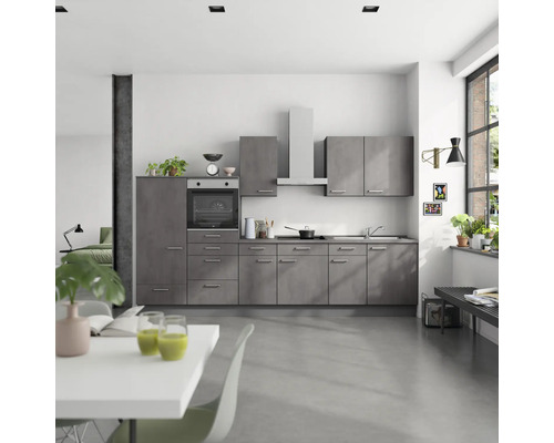 NOBILIA Küchenzeile mit Geräten Industrial 330 cm beton schiefergrau matt montiert Variante links