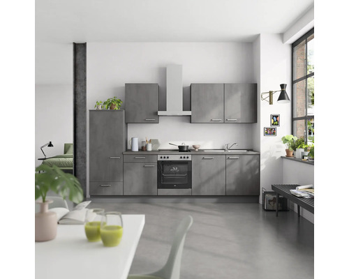 NOBILIA Küchenzeile mit Geräten Industrial 300 cm beton schiefergrau matt montiert Variante links