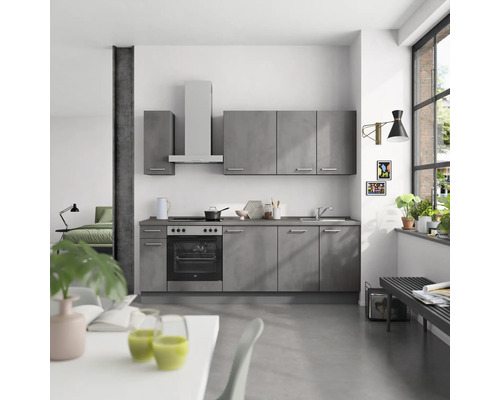 NOBILIA Küchenzeile mit Geräten Industrial 240 cm beton schiefergrau matt montiert Variante links