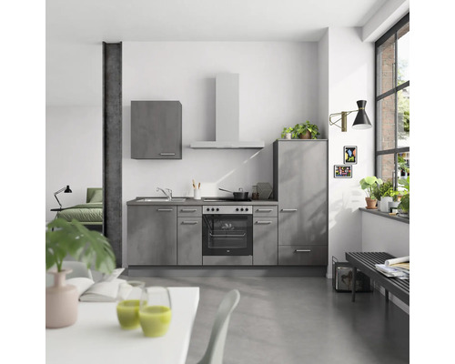 NOBILIA Küchenzeile Industrial 240 cm beton schiefergrau matt vormontiert Variante rechts