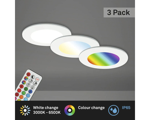 LED Einbauleuchten-Set IP65 dimmbar 4,8W 450 lm 3000-6500 K CCT RGB weiß Ø 9,2/6,8 cm 230V 3 Stück mit Fernbedienung, Memoryfunktion, Nachtlichtfunktion, Timerfunktion Drei LED Einbaustrahler mit Farbwechsel und Fernbedienung
