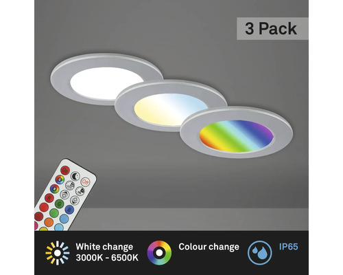 LED Einbauleuchten-Set IP65 dimmbar 4,8W 450 lm 3000-6500 K CCT RGB chrom/matt Ø 9,2/6,8 cm 230V 3 Stück mit Fernbedienung, Memoryfunktion, Nachtlichtfunktion, Timerfunktion Drei LED Einbauspots mit Fernbedienung zur Lichtsteuerung