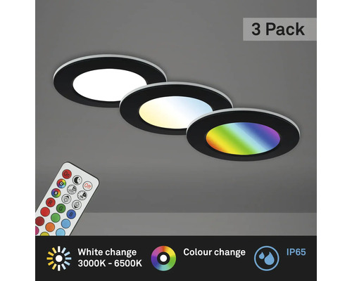 LED Einbauleuchten-Set IP65 dimmbar 4,8W 450 lm 3000-6500 K CCT RGB schwarz Ø 9,2/6,8 cm 230V 3 Stück mit Fernbedienung, Memoryfunktion, Nachtlichtfunktion, Timerfunktion Drei LED Einbaustrahler mit Farbwechselfunktion und Fernbedienung