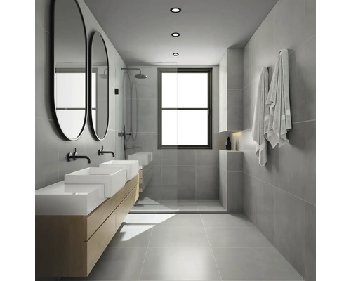 Modernes Badezimmer mit zwei Waschbecken, Spiegeln, Dusche und grauen Fliesen