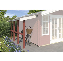 Fahrrad vor einem Gartenhaus mit Unterstand