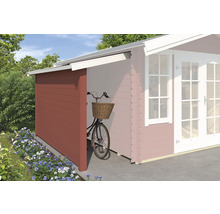 Fahrradunterstand aus Holz an einem Gartenhaus mit Fahrrad