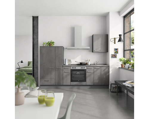 NOBILIA Küchenzeile mit Geräten Industrial 270 cm beton schiefergrau matt montiert Variante links