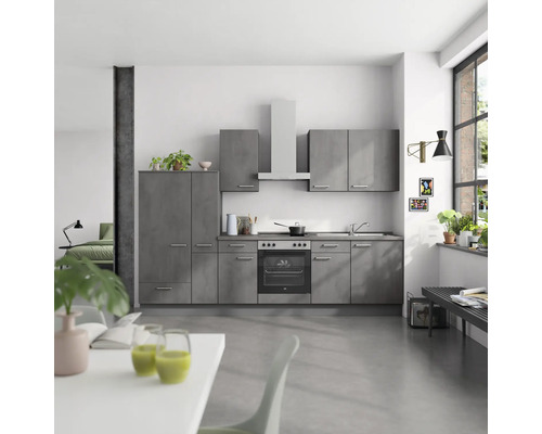 NOBILIA Küchenzeile mit Geräten Industrial 300 cm beton schiefergrau matt montiert Variante links