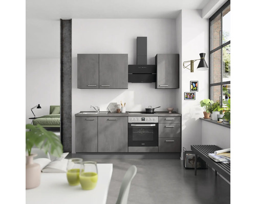 NOBILIA Küchenzeile mit Geräten Industrial 210 cm beton schiefergrau matt vormontiert Variante rechts