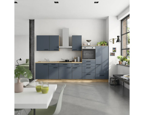 NOBILIA Küchenzeile mit Geräten Urban 330 cm fjordblau matt vormontiert Variante rechts