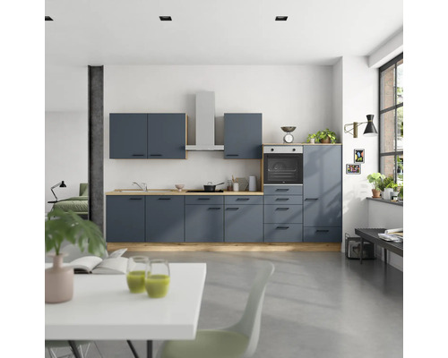 NOBILIA Küchenzeile mit Geräten Urban 360 cm Frontfarbe fjordblau matt Korpusfarbe eiche sierra Variante rechts