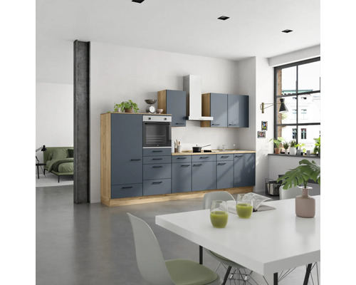 NOBILIA Küchenzeile mit Geräten Urban 330 cm Frontfarbe fjordblau matt Korpusfarbe eiche sierra Variante links