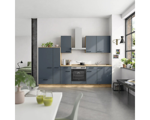 NOBILIA Küchenzeile mit Geräten Urban 300 cm Frontfarbe fjordblau matt Korpusfarbe eiche sierra Variante links