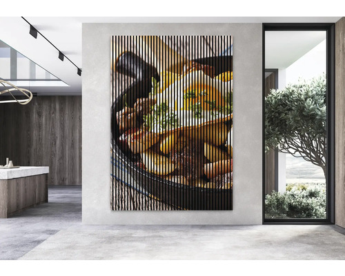 Dekoratives Lamellenbild mit Speisenmotiv im Raum