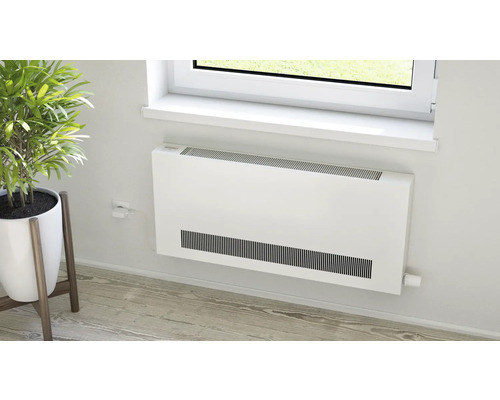 Niedertemperaturheizkörper an einer Wand unter einem Fenster mit Zimmerpflanze