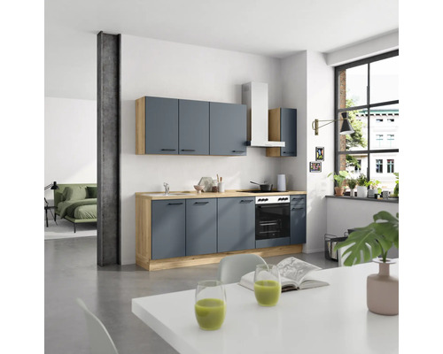 NOBILIA Küchenzeile mit Geräten Urban 240 cm Frontfarbe fjordblau matt Korpusfarbe eiche sierra Variante rechts