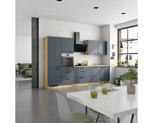 NOBILIA Küchenzeile mit Geräten Urban 330 cm Frontfarbe fjordblau Matt Korpusfarbe eiche sierra Variante links
