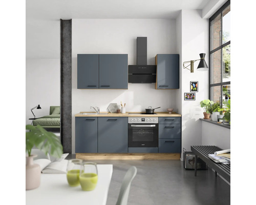 NOBILIA Küchenzeile mit Geräten Urban 210 cm Frontfarbe fjordblau matt Korpusfarbe eiche sierra Variante rechts