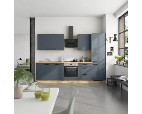 NOBILIA Küchenzeile mit Geräten Urban 300 cm fjordblau matt vormontiert Variante rechts