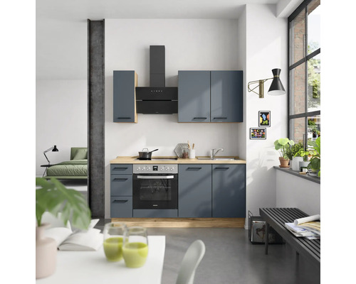 NOBILIA Küchenzeile mit Geräten Urban 180 cm Frontfarbe fjordblau matt Korpusfarbe eiche sierra Variante links
