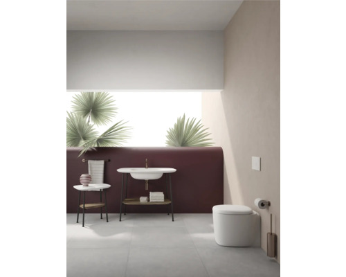 Helles Badezimmer mit Waschtisch, Toilette und Dekoration