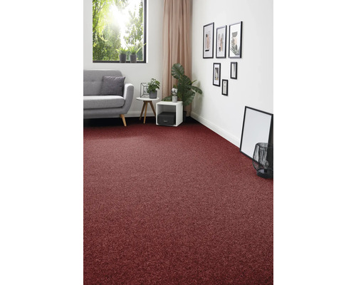 Wohnzimmer mit rotem Teppichboden, grauem Sofa und Dekorationen