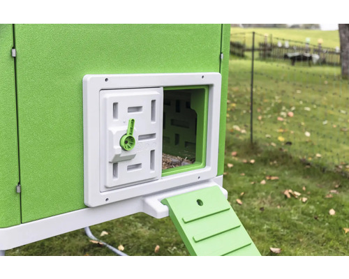 Detailansicht eines Hühnerstalls mit geöffneter Tür und Rampe