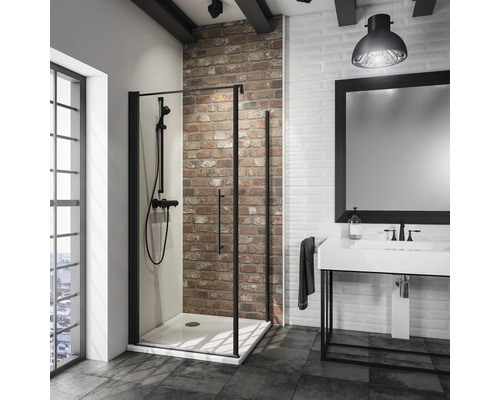 Duschtür mit Seitenwand mit SCHULTE Alexa Style 2.0 90 x 90 cm Profil schwarz Klarglas Schmutzabweisende Glasbeschichtung Reversibel
