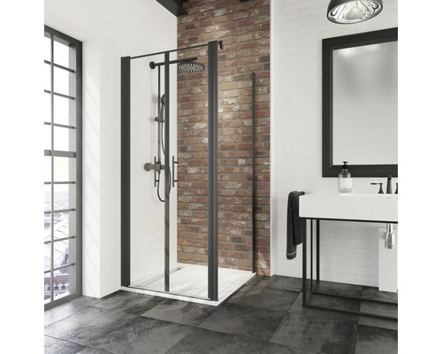 Duschtür mit Seitenwand mit Pendeltür SCHULTE Alexa Style 2.0 Black Style ExpressPlus 90 x 90 cm Profil schwarz Klarglas schmutzabweisende Glasbeschichtung Badezimmer mit Dusche, Waschbecken und Spiegel