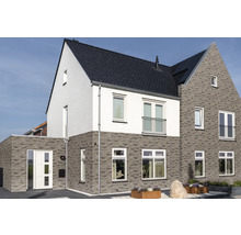Ansicht eines modernen zweistöckigen Hauses mit grauen Ziegeln und weißer Fassade