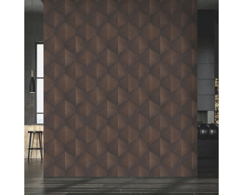 Innenraum mit dunkler Wandtapete im 3D-Würfeldesign