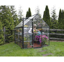 Gewächshaus mit Pflanzen und einer Frau, die mit einer Gießkanne gießt