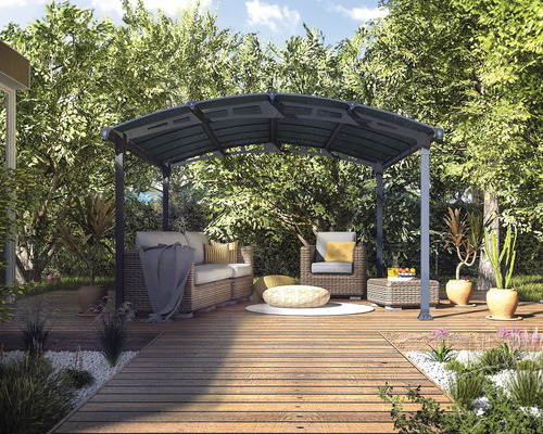 Einzelcarport CANOPIA by Palram Tucson 4300 359 x 435 cm grau Pavillon mit Gartenmöbeln auf einer Holzterrasse