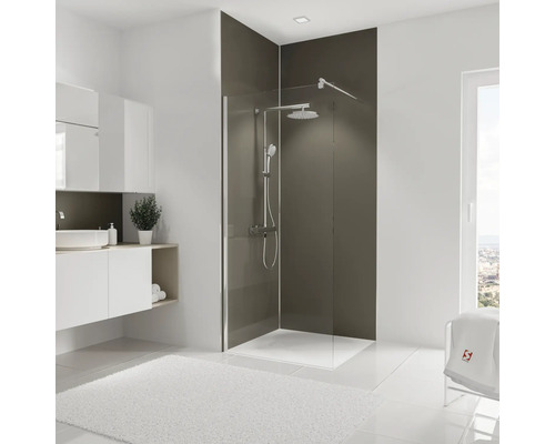 Duschrückwand Set SCHULTE Farbe Taupe 255 x 90 cm D1900915 678 Badezimmer mit Dusche, Waschtisch und Spiegel